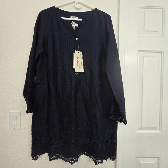 NWT Malvin 100%Linen DarkNavy Long Sleeve Shift Tunic Dress V-neck Embroidered L - Picture 2 of 9
